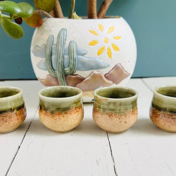 Ochoko cups, set of four, Japanese mino wear sake cups, blue and brown ceramic - Picture 10 of 10